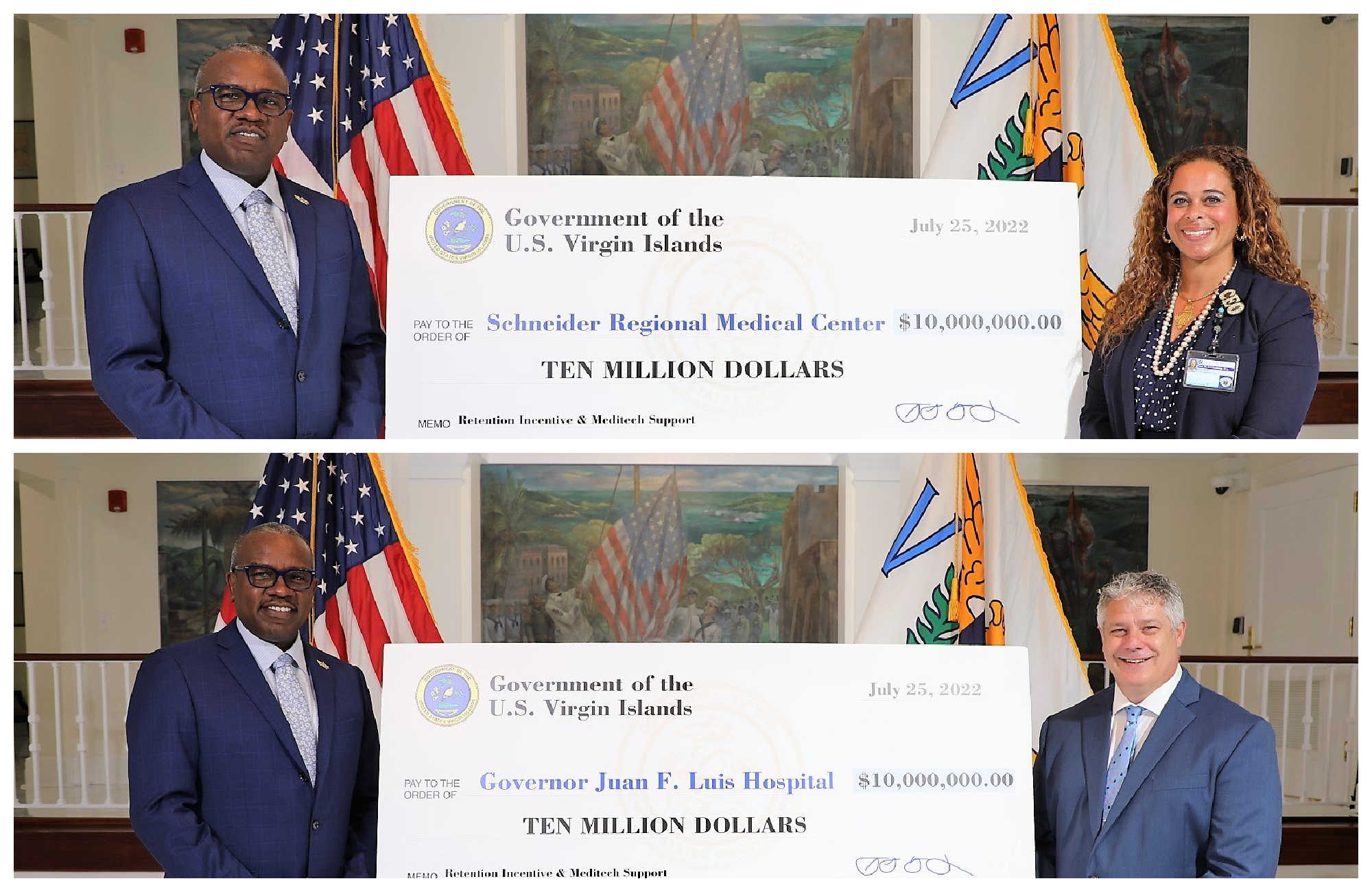 Bryan presents $10 million checks to Schneider Regional Medical Center CEO Tina Comissiong (upper right), and Juan F. Luis Hospital CEO Douglas Koch.