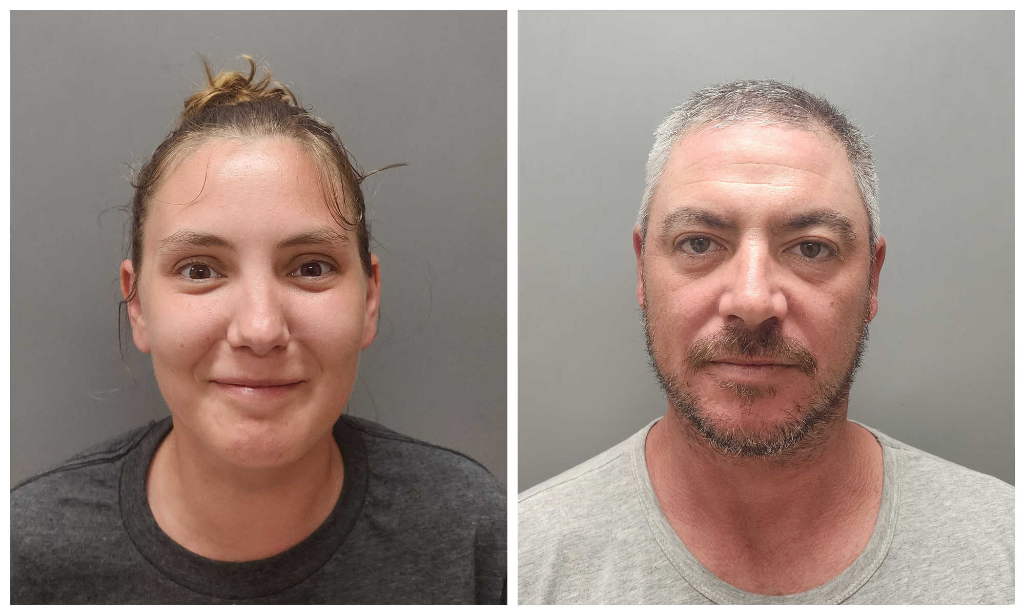 From left to right, mugshots of Angela Kunkel and Joshua Watson.