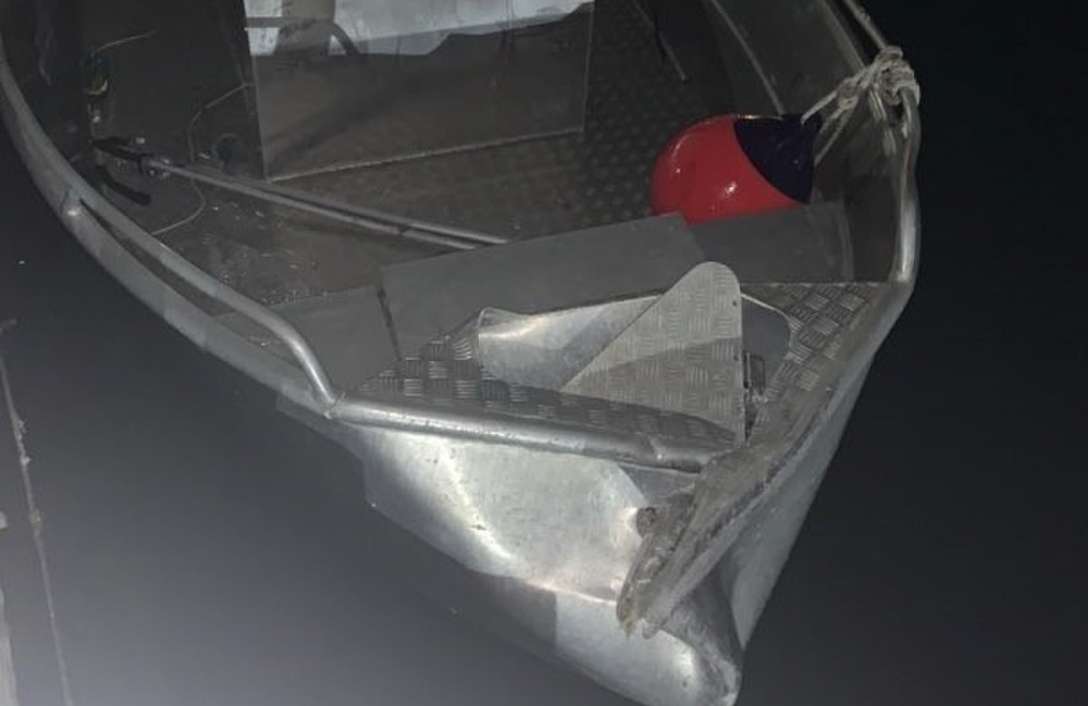 Damage caused to the bow of an aluminum skiff that was struck by a white hulled center console vessel during a hit and run incident Jan. 24, 2021 in Cruz Harbor in St. John.
