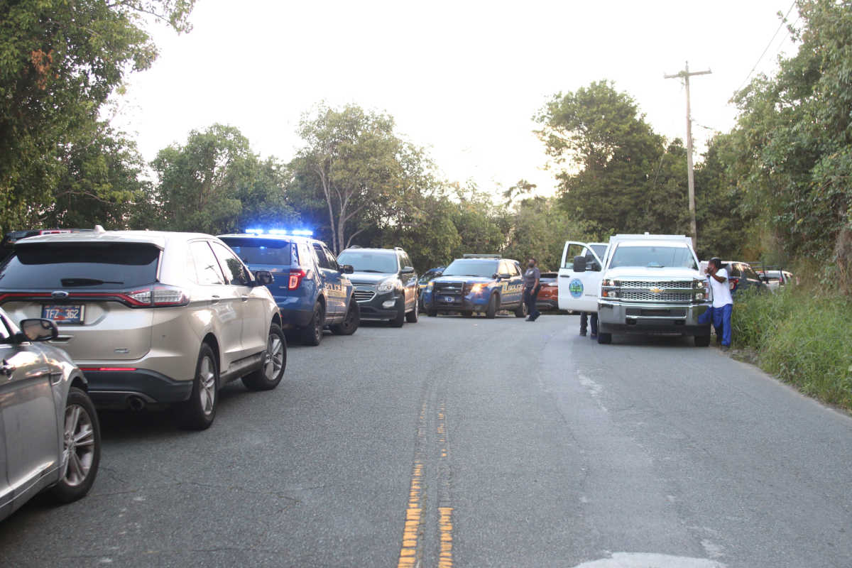 Police officers and employees of the Medical Examiner’s Office in Estate Dorothea, where 49-year-old Bill John-Baptiste was found dead of gunshot wounds.