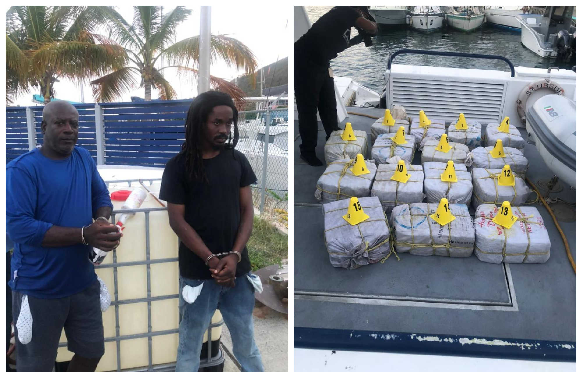 From left to right: Pedro Samuel Sr. and Reno Alphonso, along with the drugs confiscated on Sat. August 13, 2022 onboard a boat off Cooper Island, BVI.