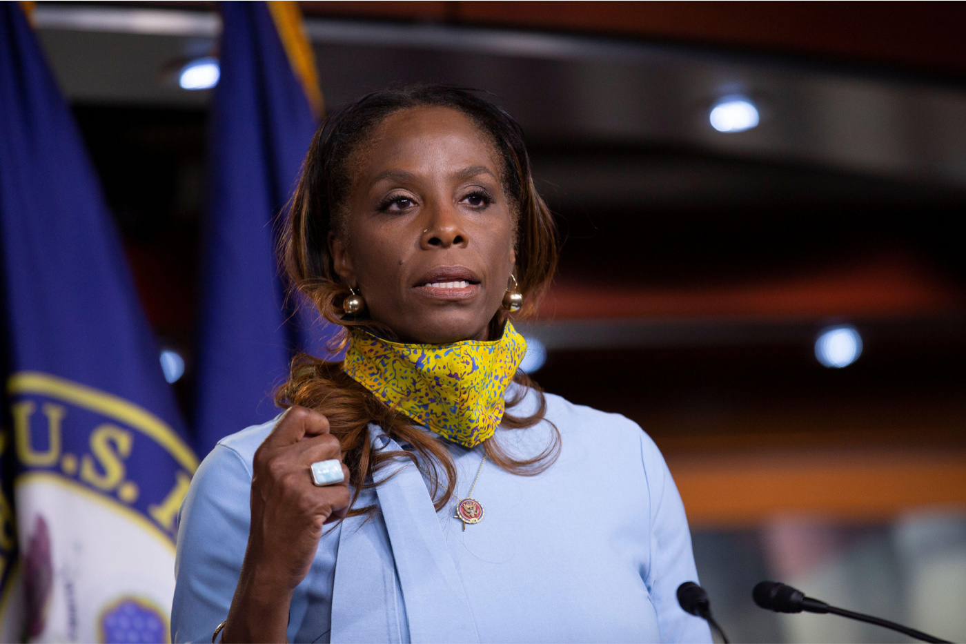 Delegate to Congress Stacey Plaskett speaks during a news conference with House Speaker Nancy Pelosi regarding the vote by mail provision in the Heroes Act at the U.S. Capitol in Washington, DC, on Thursday, May 21, 2020.