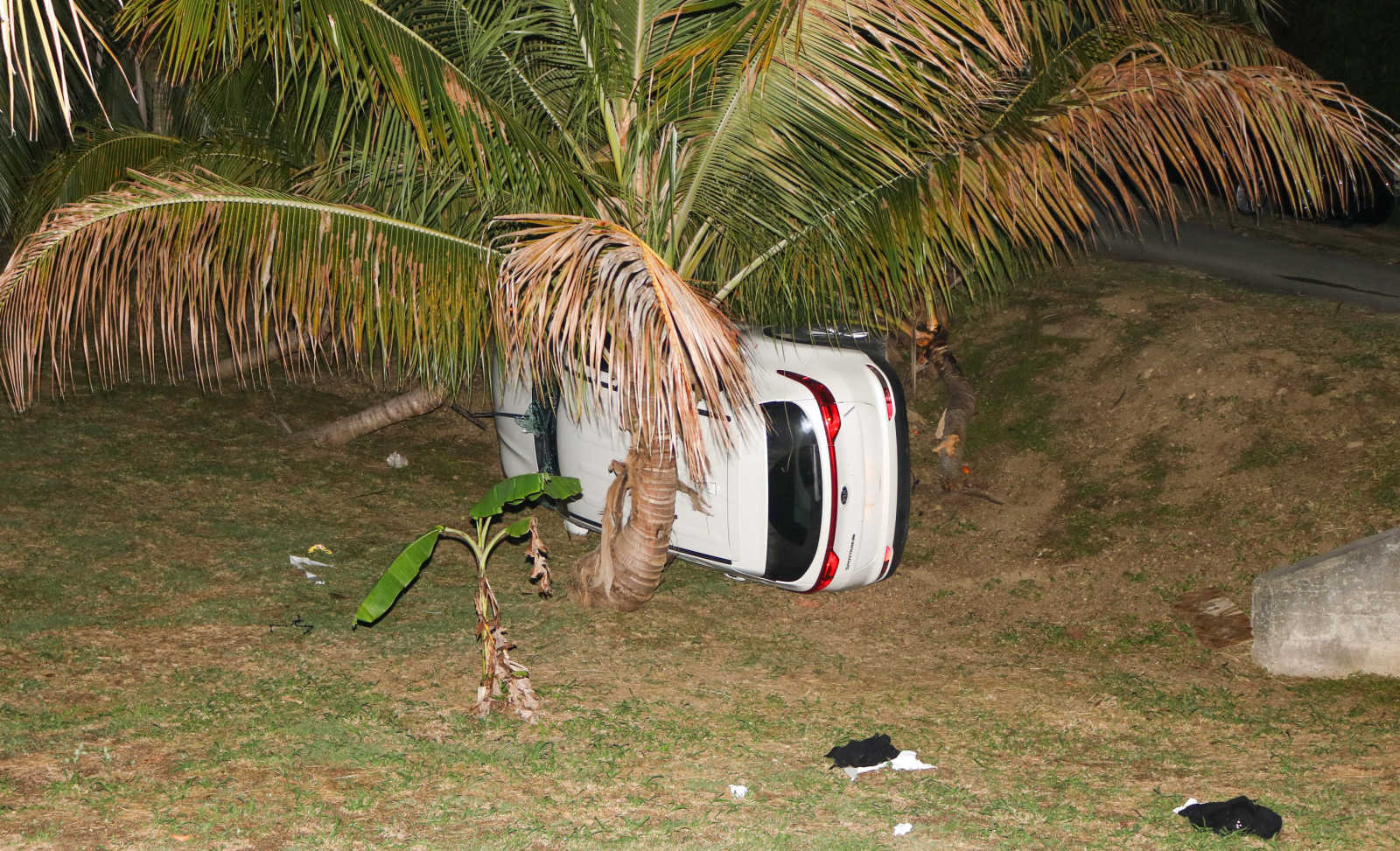 A 2019 Kia Sportage, reported stolen on July 4, crashed in Estate La Grange after a pursuit Friday evening. All four occupants were shot by police.