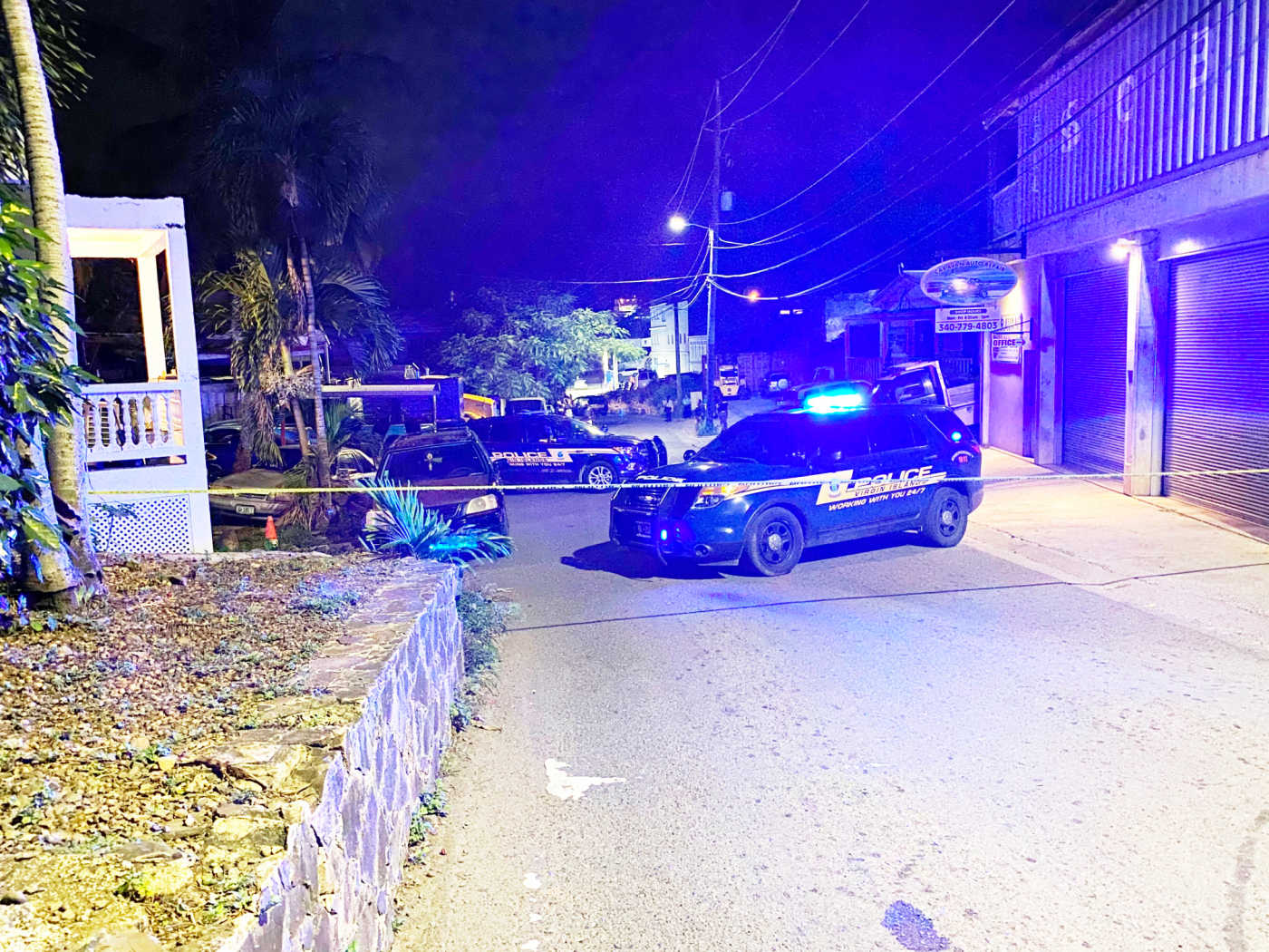 VIPD officers in Cruz Bay, St. John, where 28-year-old Lessroy Gumbs was shot and killed.