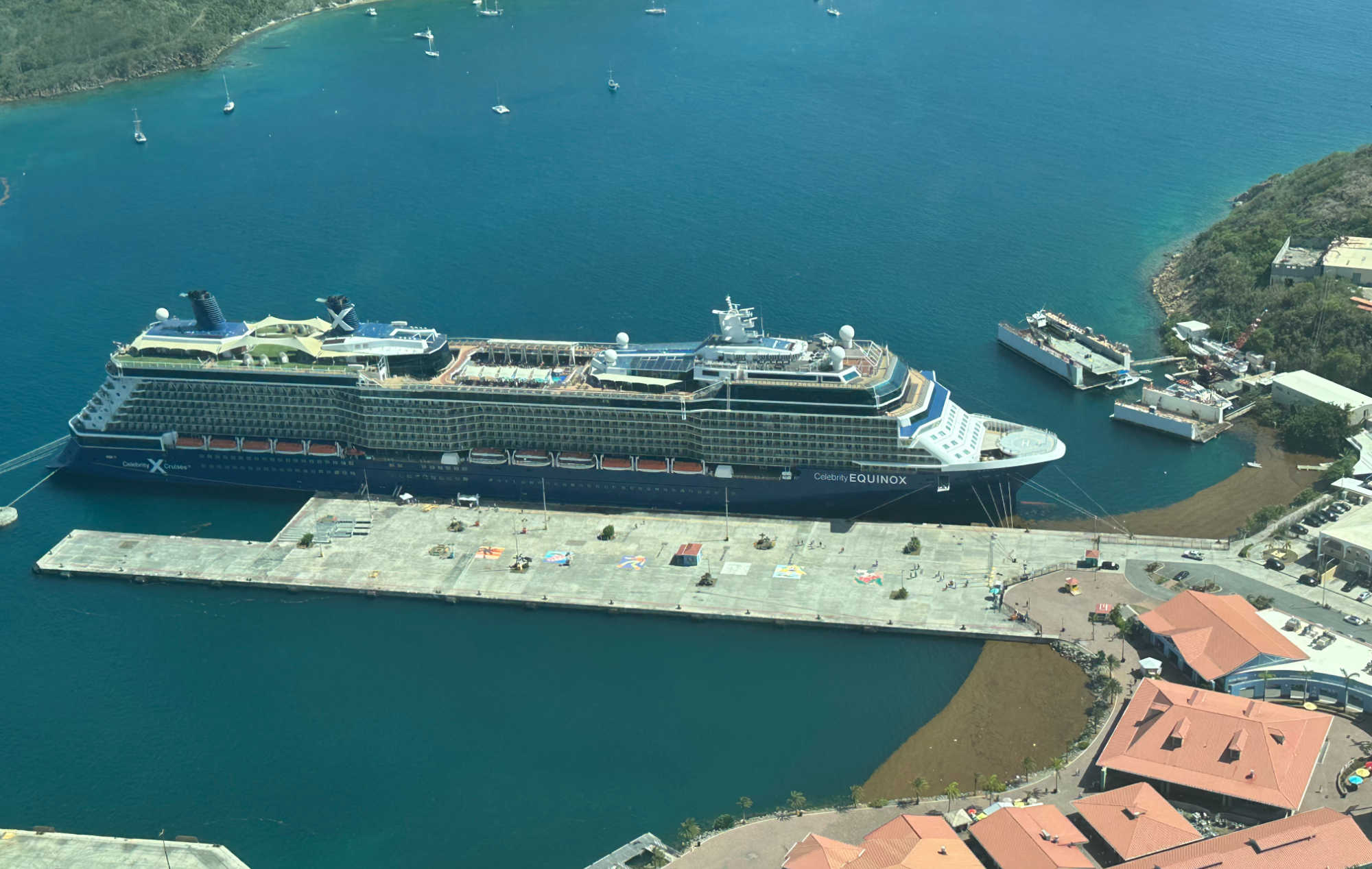 Aerial view of a ship docked at the Austin Monsanto Marine Terminal in Crown Bay, St. Thomas.