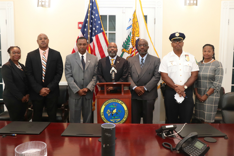 L to R: Chief of Staff Alekisha Joy Petersen, Dep. Commissioner of Professional Standards Jason Marsh, Asst. Commissioner Mario Brooks, Commissioner Trevor Velinor, STT-STJ Chief Ludrick Thomas, STX Chief Chief Sidney Elskoe