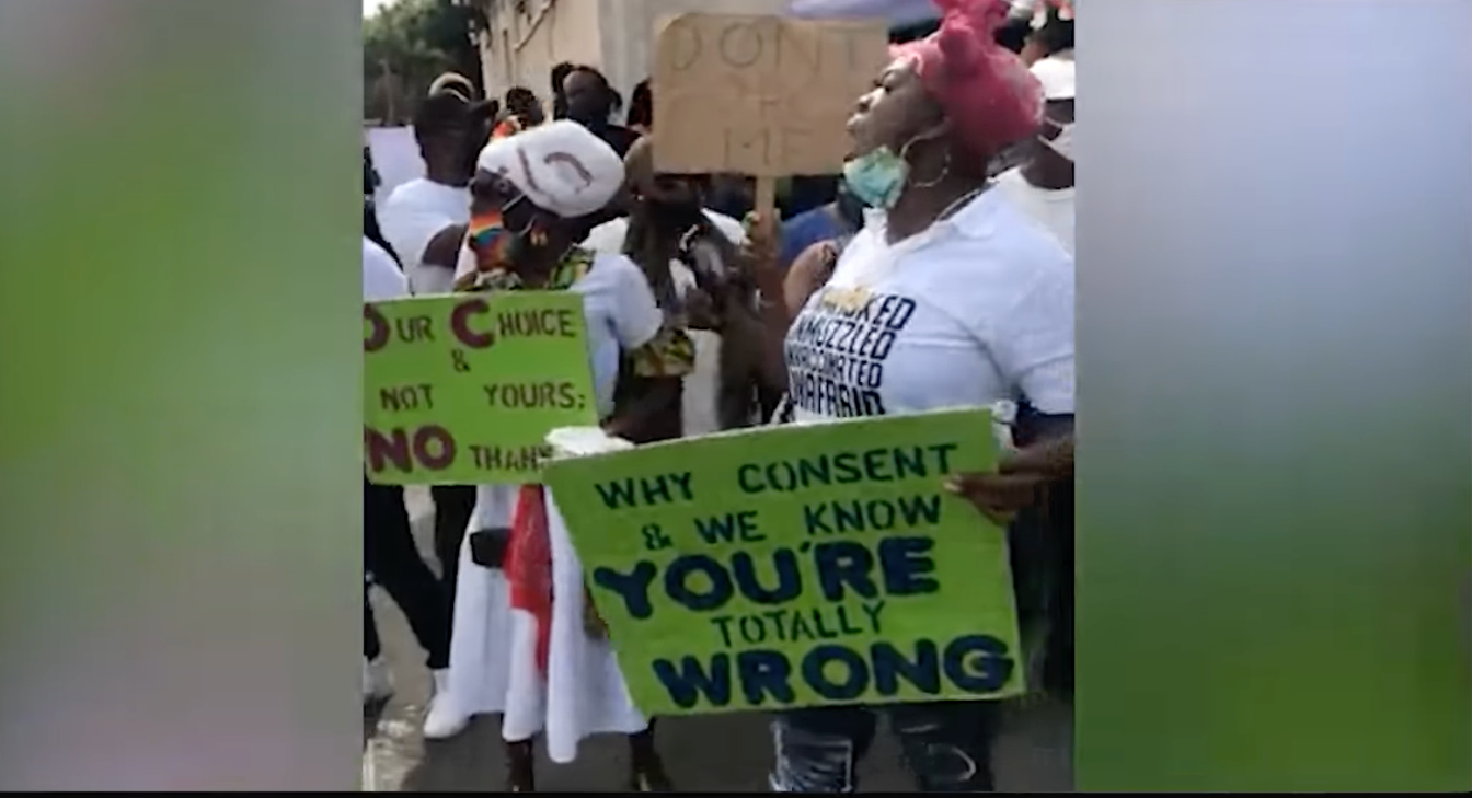 Protesters in Antigua on August 8 march against Covid-19 mandates