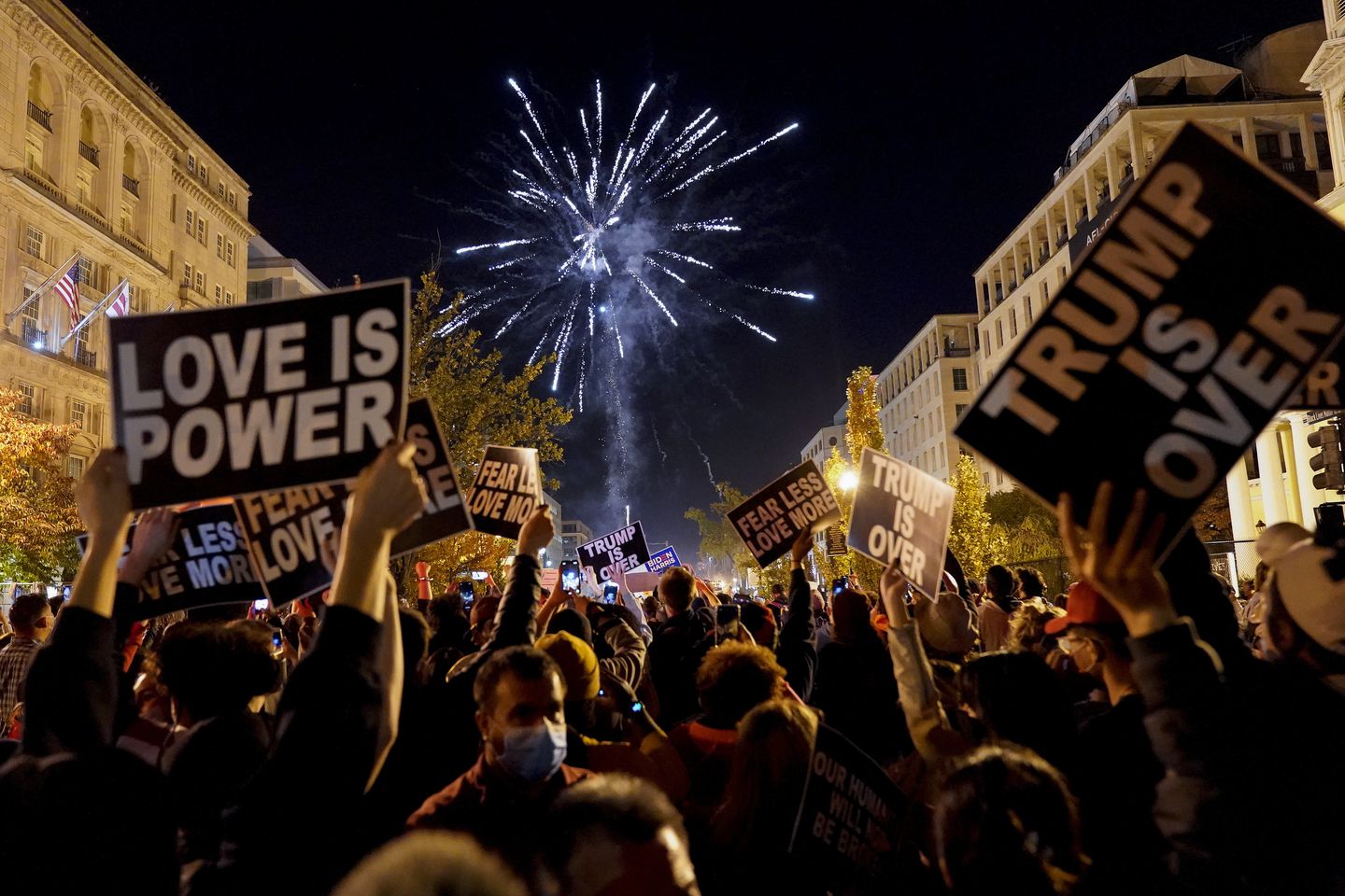 Americans celebrate President-elect Biden's victory on Saturday, Nov. 7, 2020.