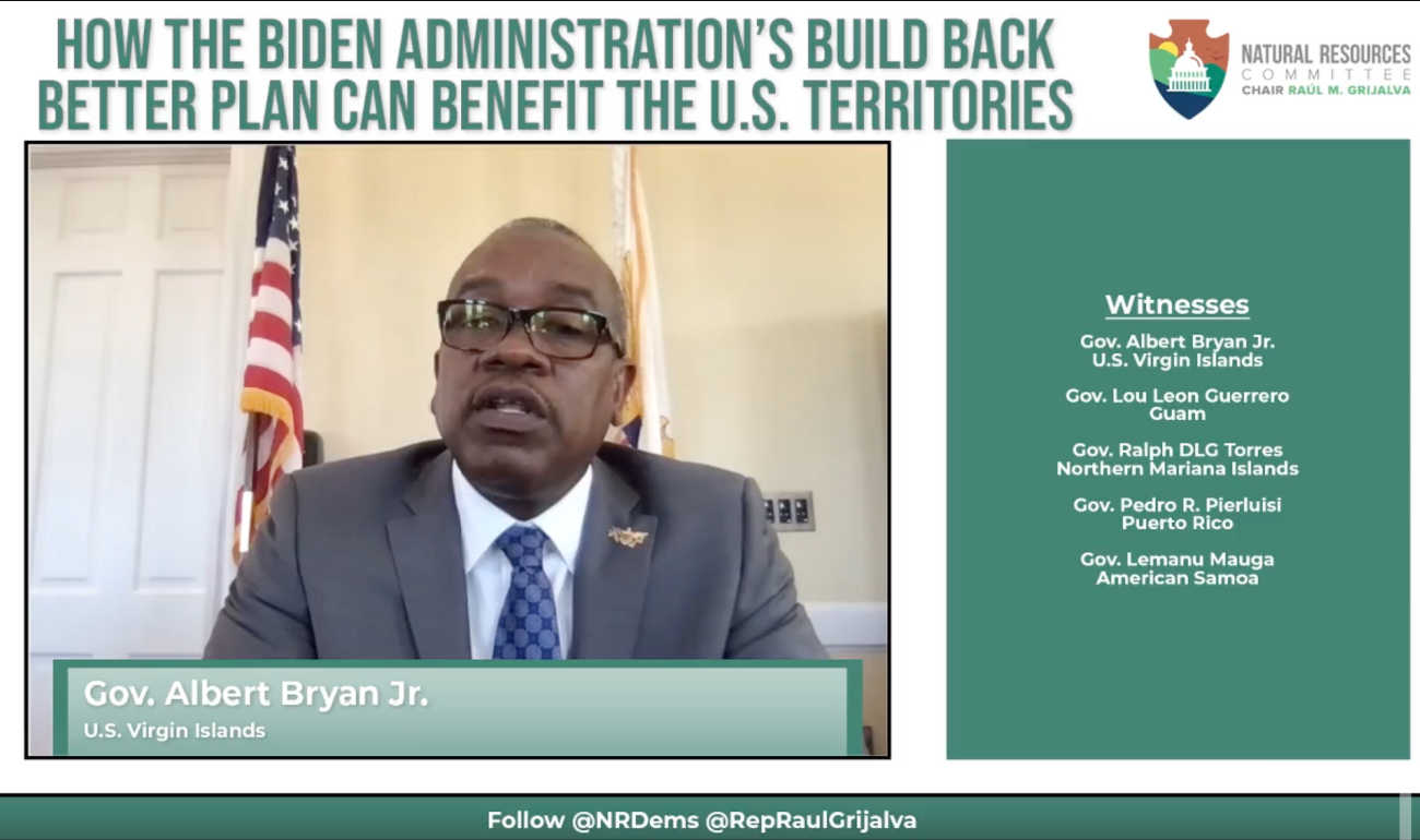 USVI Governor Albert Bryan testified virtually in the U.S. House Committee on Natural Resources on Wednesday, March 24, 2021.