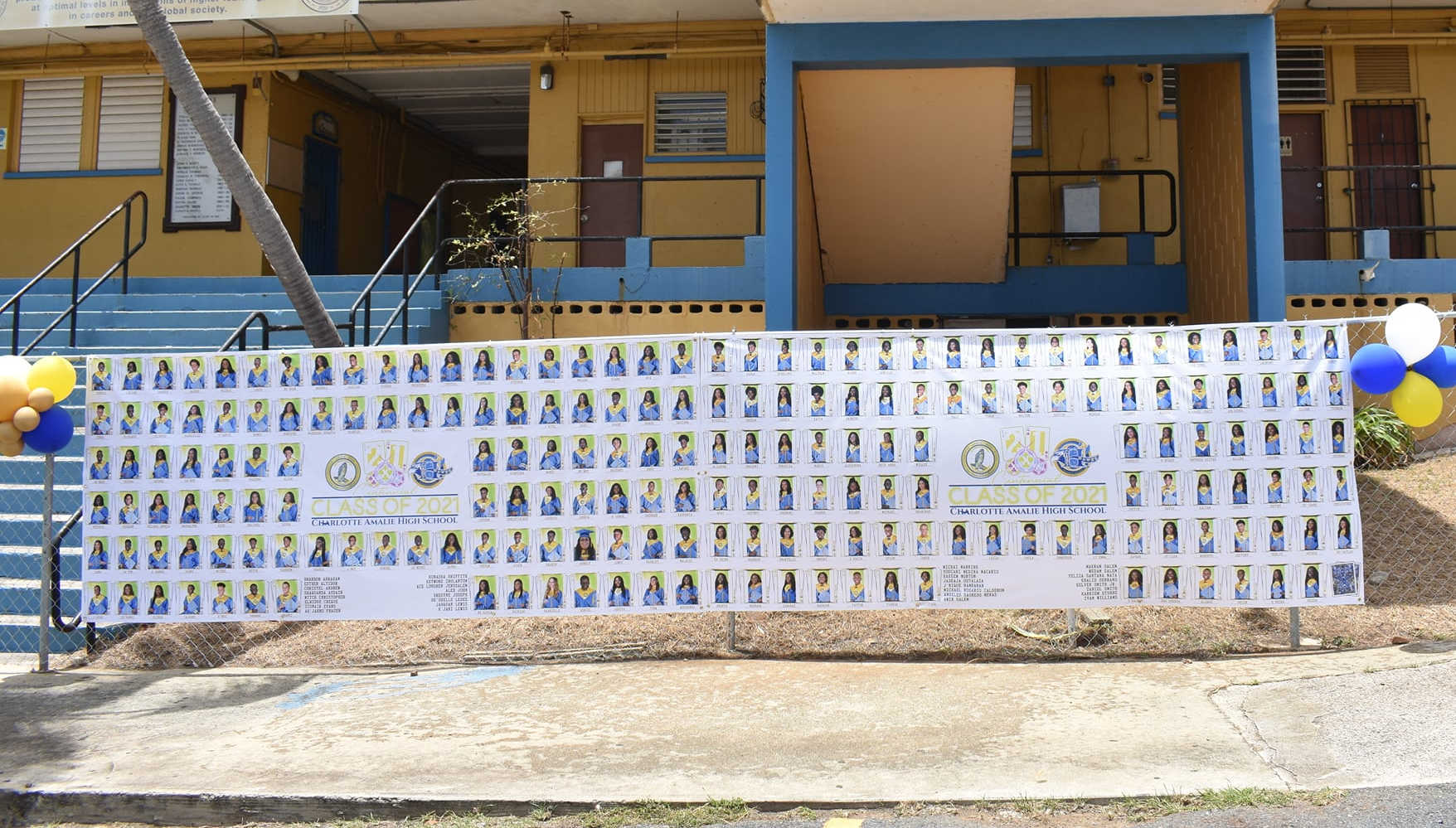 A banner displaying the entire CAHS graduating class of 2021 during a ceremony on school grounds on May, 21, 2021.