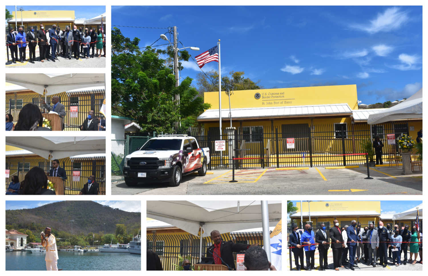 Collage of pictures of Thursday's ribbon cutting event for the U.S. Customs and Border Protection terminal in Cruz Bay.