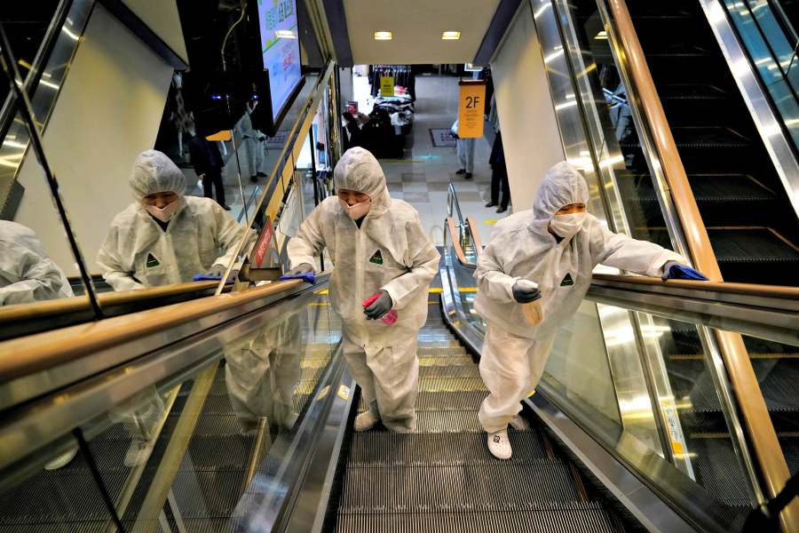 A store in Seoul, South Korea being disinfected.