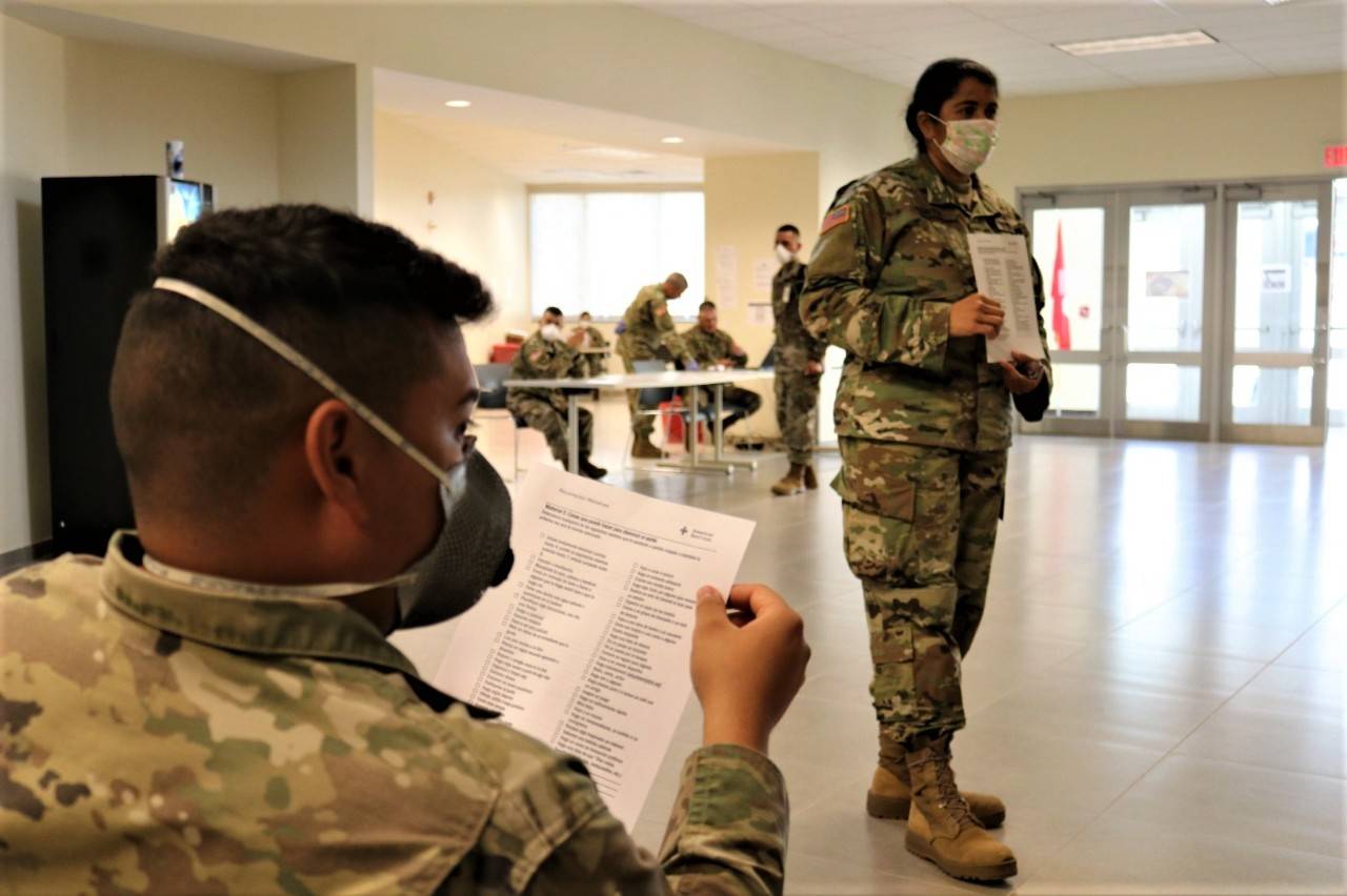 Members of the Puerto Rico National Guard attend a Mind-Body workshop on techniques to help decrease stress during their COVID-19 frontline work.