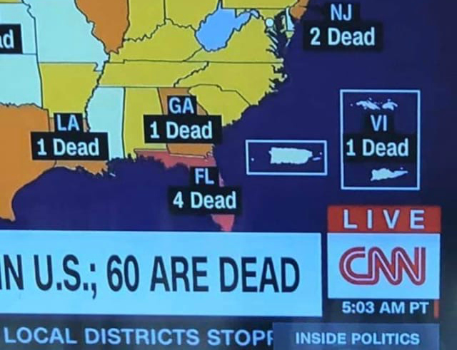 Screenshot of CNN reporting that there was a confirmed death from coronavirus in the USVI. The Dept of Health has said the information is false.
