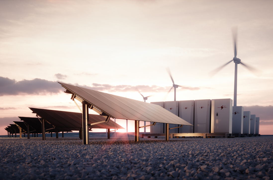 Dawn of new renewable energy technologies: modern, aesthetic and efficient dark solar panel panels, a modular battery energy storage system and a wind turbine system in warm light. Imagined through 3D rendering.