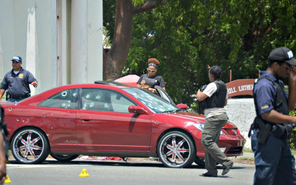 In September 2015, a state of emergency was declared following multiple shooting incidents on St. Croix, including the one pictured above showing a Honda Civic riddled with bullet holes.