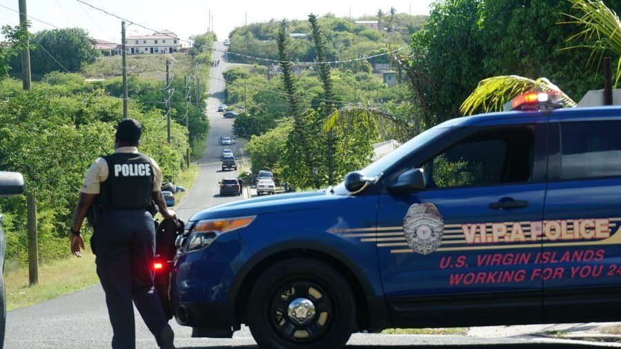 Police on a crime scene in Estate Paradise on St. Croix on May 15, 2020.