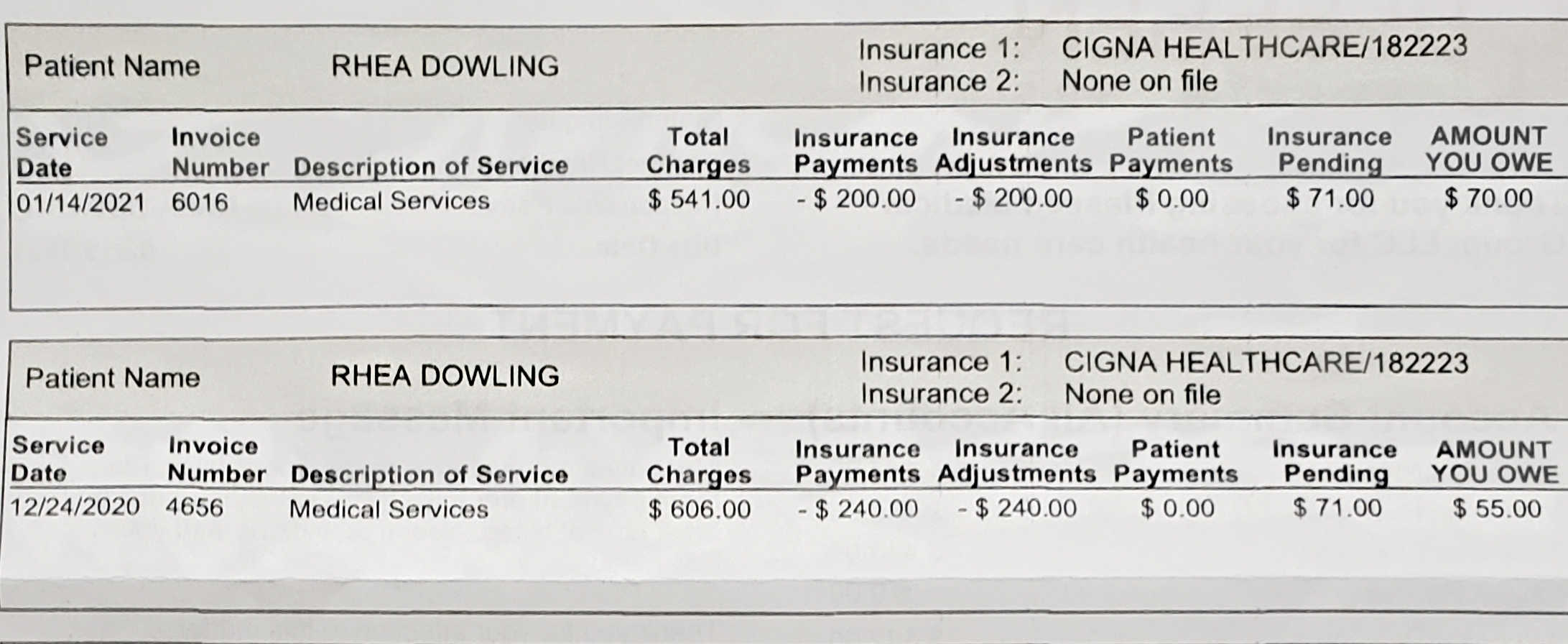 Copy of bill totaling $1,147 mailed to Rhea Dowling, who had taken Covid-19 vaccination shots with Plessen Healthcare.