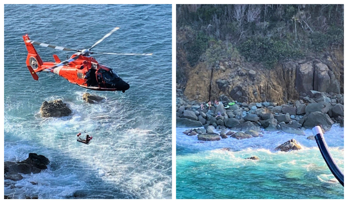 The crew of a Coast Guard Air Station Borinquen MH-65 Dolphin helicopter hoists one of five stranded kayakers Feb. 13, 2021 from the bottom of a cliff at Caret Point in St. Thomas.