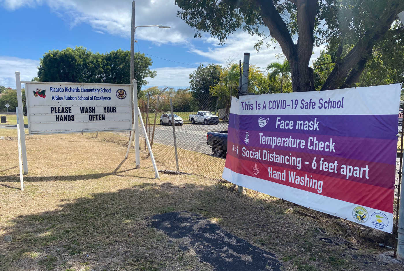 Signage at Ricardo Richards Elementary School during the facility's first day of in-person learning since the onset of the Covid-19 pandemic in March 2020.