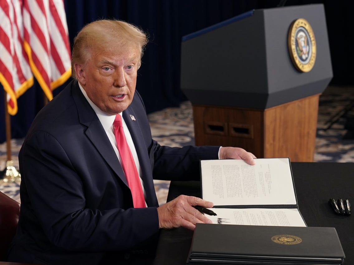 President Trump takes executive action following breakdown in talks in Congress. The executive orders were signed at his golf resort in Bedminster, New Jersey, on August 8, 2020.