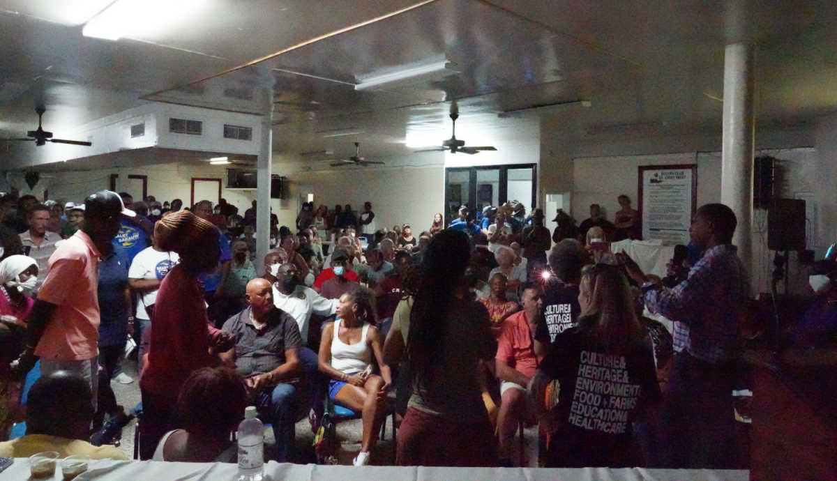 Senator Kurt Vialet at a town hall meeting at the Rotary West Community Center in Frederiksted near the under-construction Paul E. Joseph Stadium.