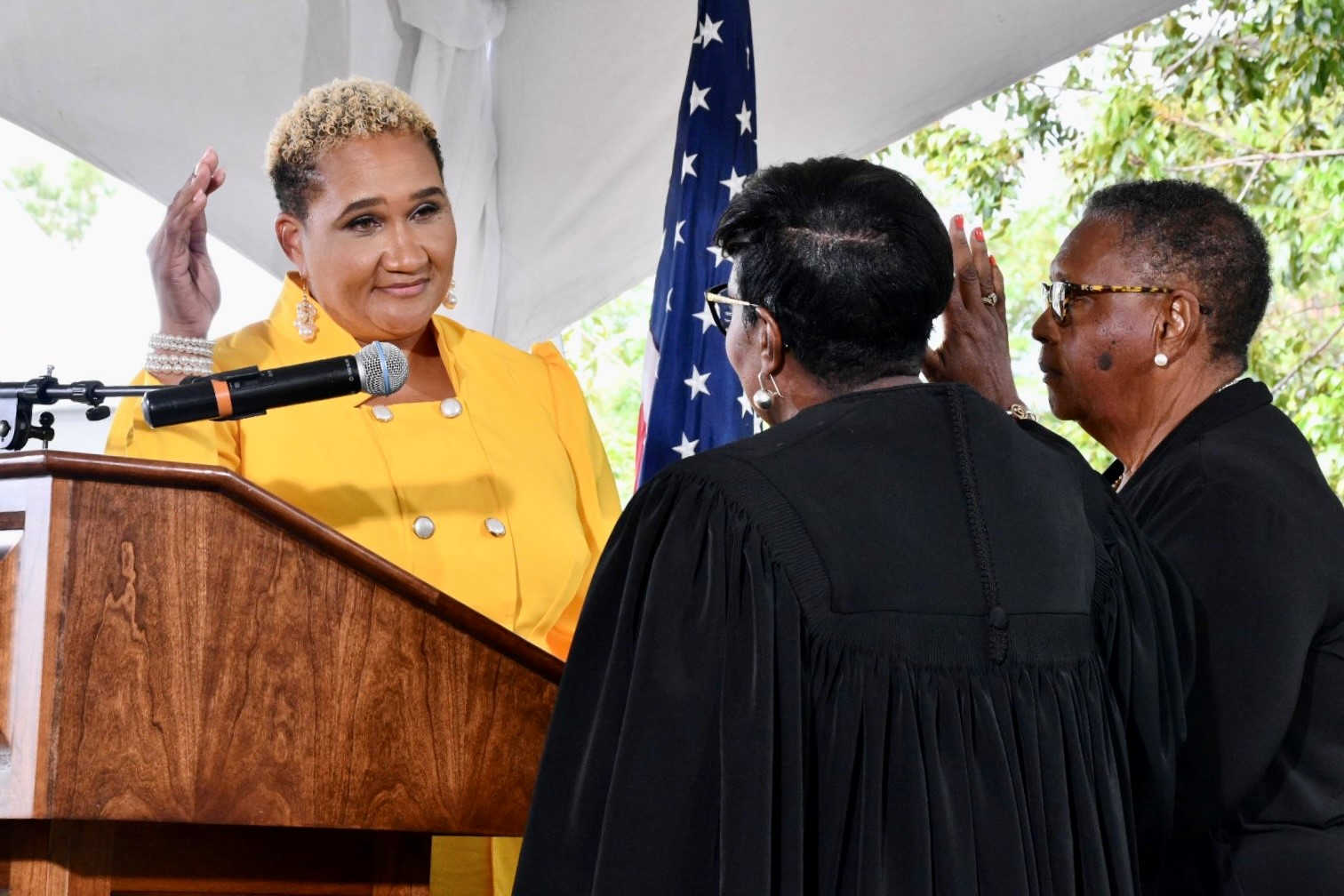 Dionne Wells-Hedrington is sworn-in as Education Commissioner by Judge Deborah Watlington, presiding judge of the V.I. Superior Court.