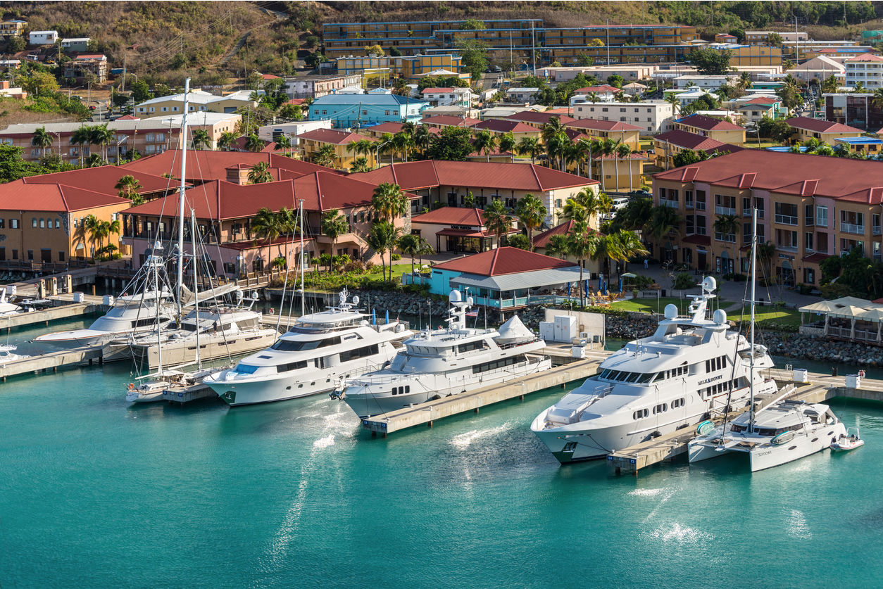 Luxury yachts moored in Charlotte Amalie, St Thomas.
