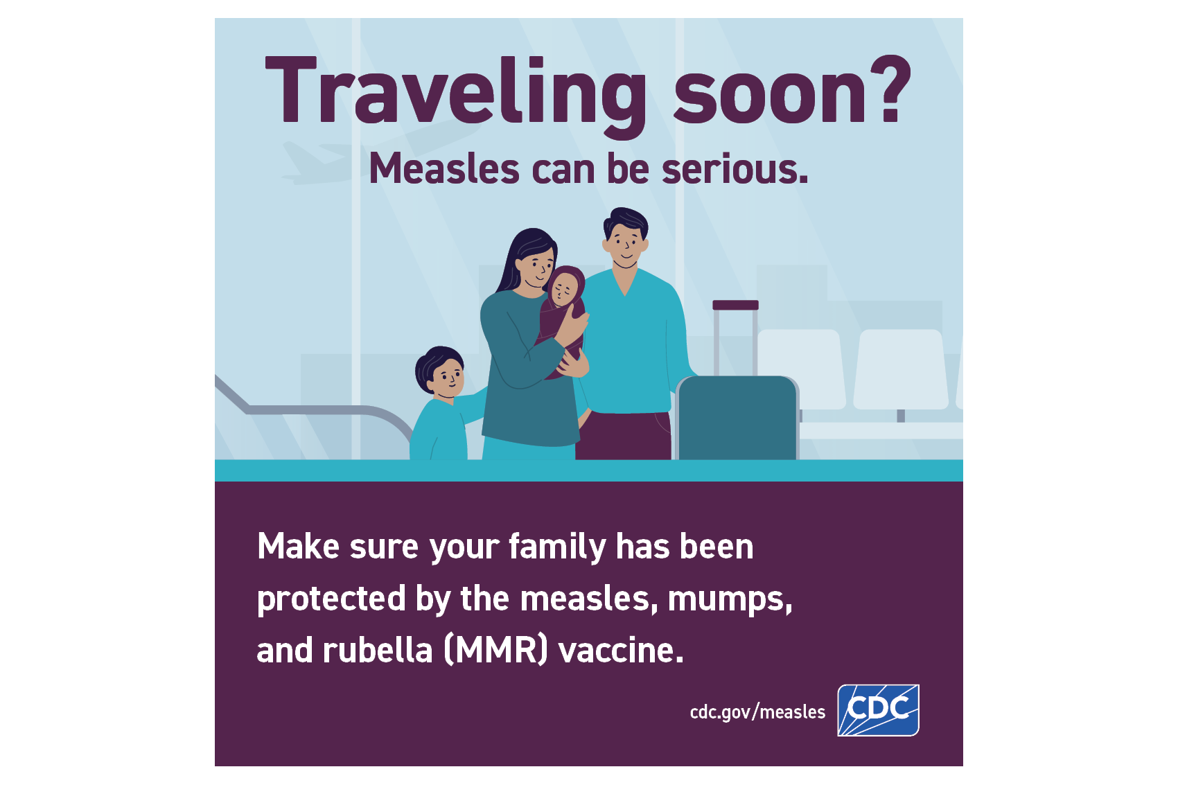CDC graphic encouraging families to check measles vaccination before travel. PAHO has warned of very high regional spread risk ahead of religious mass gatherings.