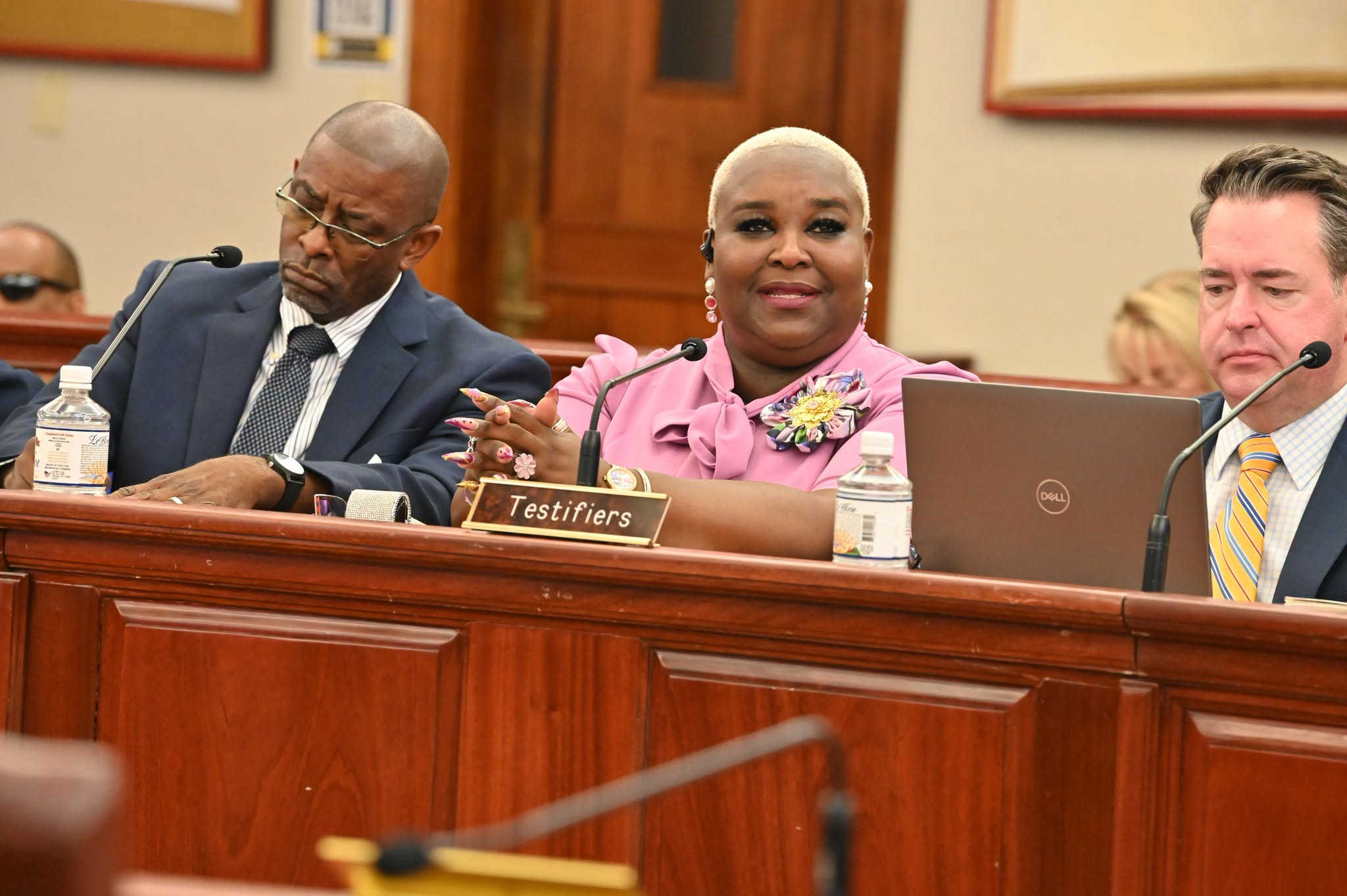 Beverly Joseph, center, chair of the Government Employees Service Commission Health Insurance Board, testifies during a Senate hearing on the Government of the Virgin Islands’ proposed FY2027 insurance renewals.