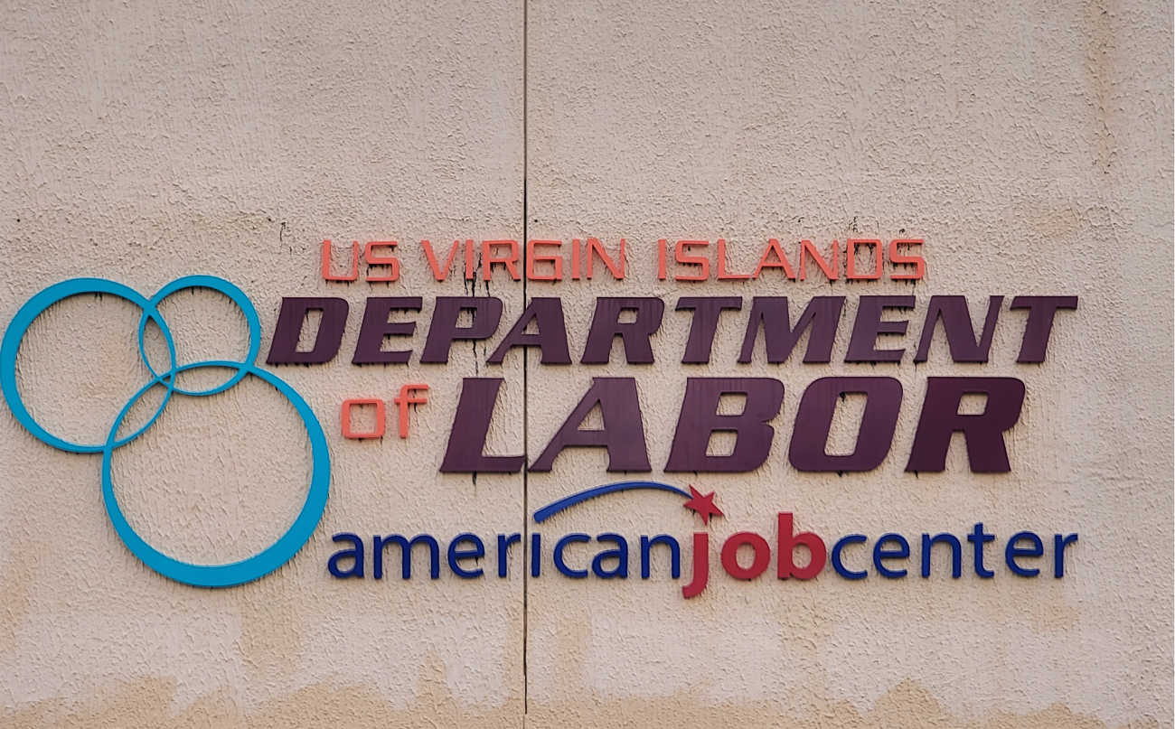 U.S. Virgin Islands Department of Labor and American Job Center signage on St. Croix. New federal data show continuing unemployment claims rose 27.1% year over year.