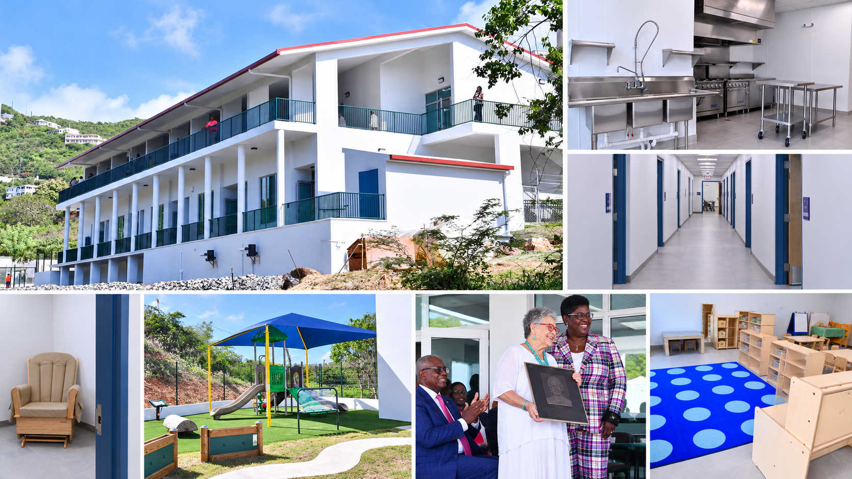 Scenes from the new Dilsa Capdeville Head Start Facility on St. Thomas, including the exterior, classrooms, playground and dedication ceremony, marking the completion of a $42 million territory-wide rebuilding initiative.
