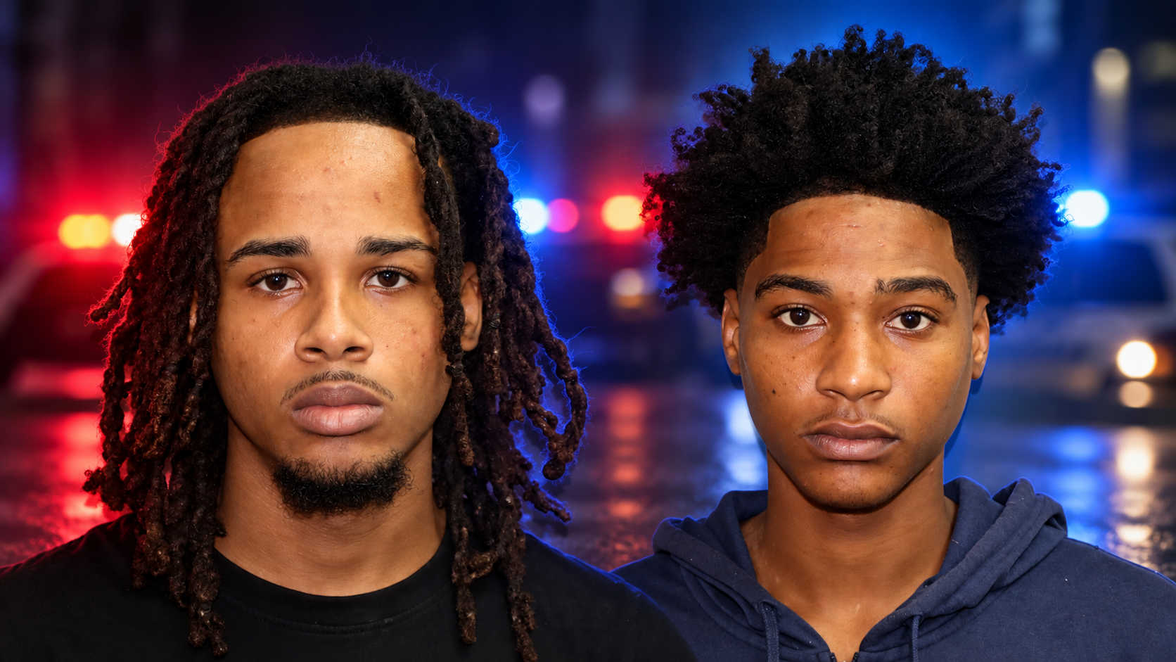 Composite image shows Elijah Blyden, left, and Kwane Wilson Jr. against police lights after a St. Croix chase that exceeded 100 mph and ended in a crash, firearm arrest and reckless-driving charges.