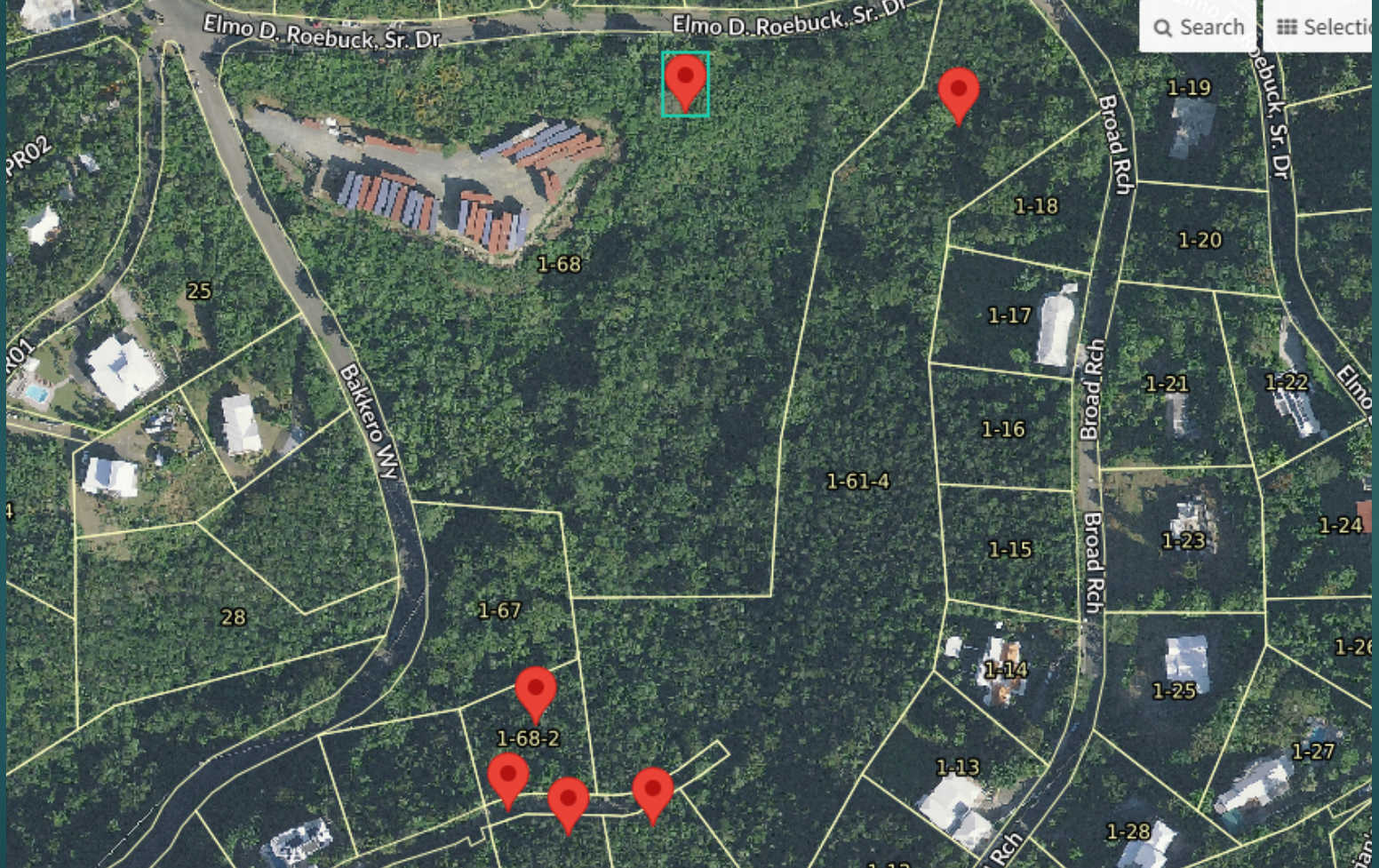 A MapGeo aerial image shows six Estate Bakkero properties marked in red, where Joseph Donohoo is seeking zoning changes tied to a proposed workforce housing development for up to 450 people.