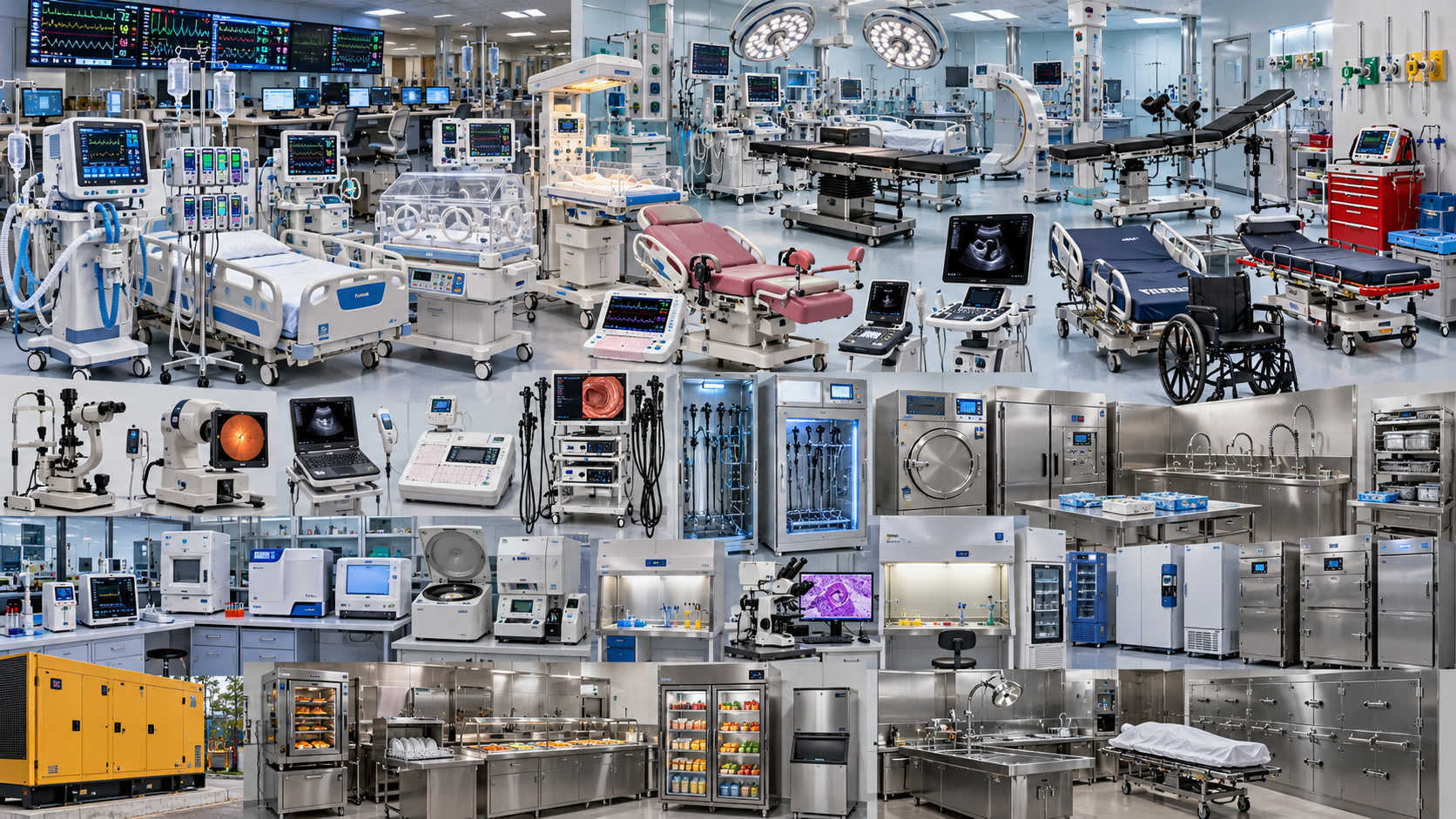 An illustrative collage of hospital beds, ventilators, infant incubators, operating tables and other equipment listed in JFL's $6.36 million lawsuit, which arose from a sale-leaseback of hospital-owned equipment.