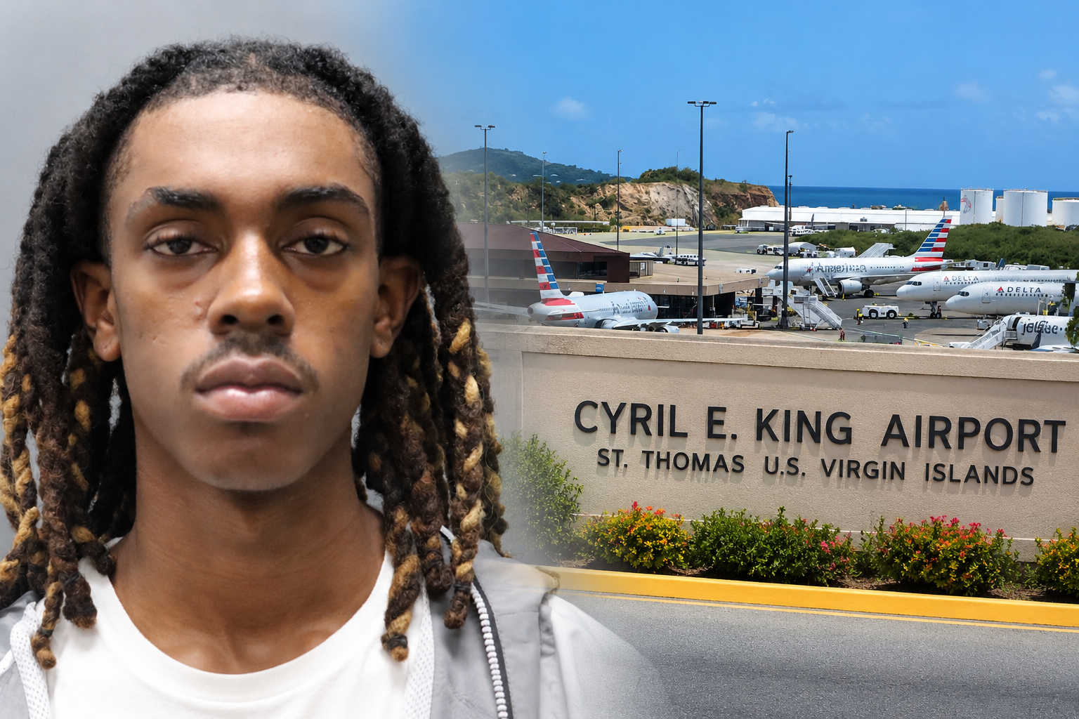 Composite image shows Kevin Warrell and Cyril E. King Airport, where police say the 21-year-old murder suspect was detained while preparing to leave St. Thomas for the U.S. mainland.