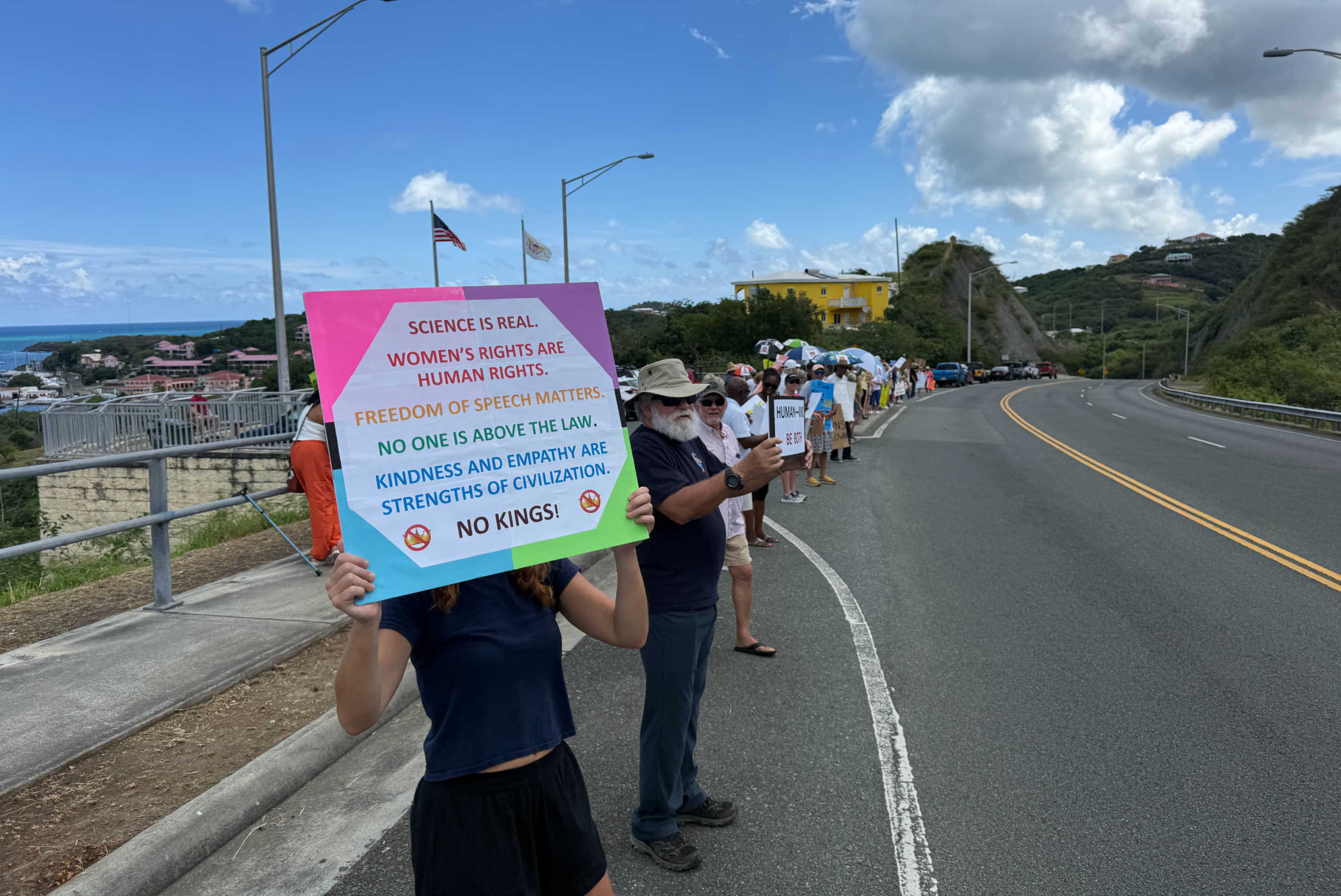Residents organized at the St. Croix Bypass on Saturday, March 28 as part of the nationwide No Kings protest.