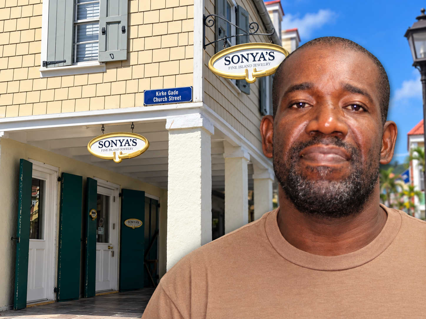 Composite image shows Sonya’s Fine Island Jewelry in Christiansted and Andrew Joseph, who police say was arrested after allegedly robbing the store with a machete Thursday afternoon.