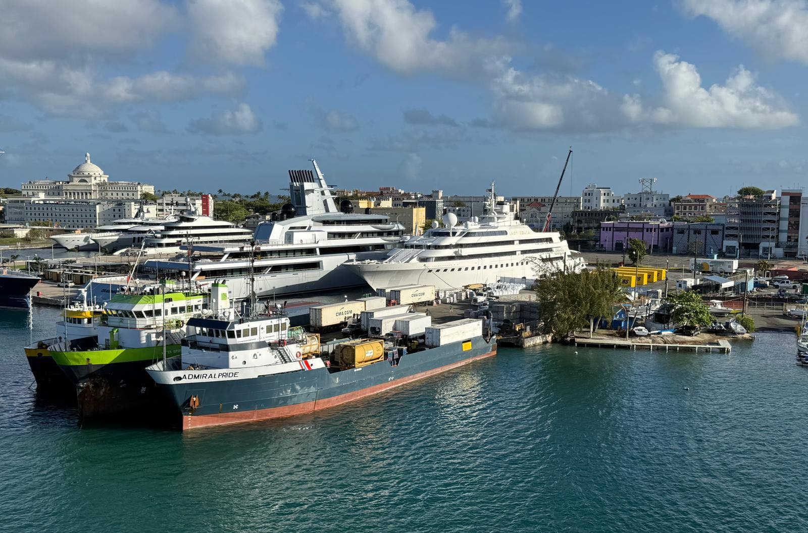 The Admirals Pride sits docked in port alongside other vessels, as officials seek a Coast Guard meeting over orders affecting cargo ships that move essential goods between Puerto Rico and the U.S. Virgin Islands supply chain.