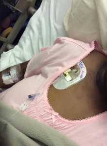 Mrs. Fahie with mediport attached where various medicines can be administered, including the chemotherapy process.