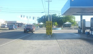 A local gas station across from Wendy's in St. Croix, sells gas at $3.29 per gallon. Prices fell three times over the weekend. First from $3.65 per gallon to $3.45, then to $3.39 and now at $3.29