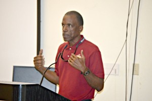 Dept. of Agriculture Commissioner Carlos Robles speaking to farmers at the UVI Great Hall on Wednesday night.
