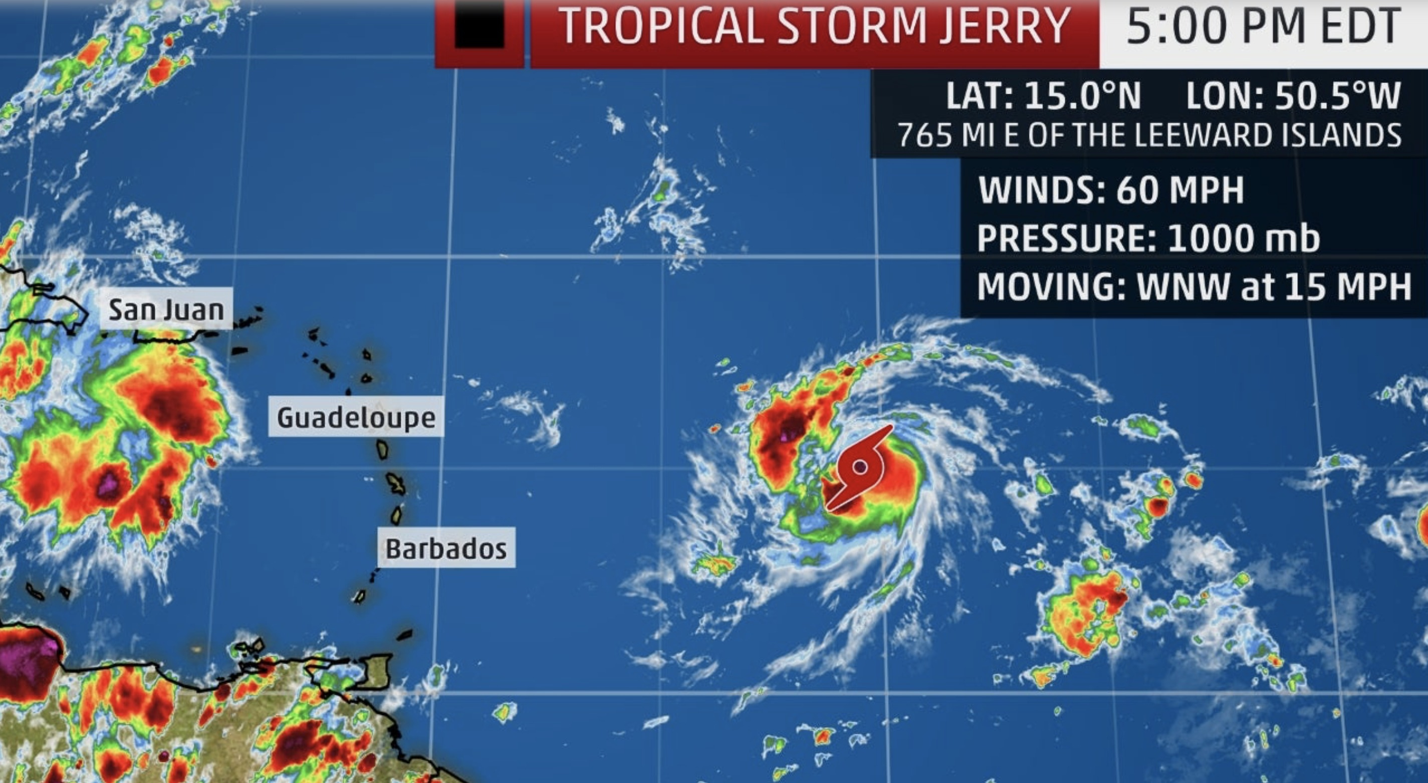Tropical Storm Jerry To Become Hurricane Thursday, National Hurricane Center Says; T.S. Watches Issued For Parts Of Leeward Islands; Virgin Islands And PR Urged To Monitor Progress