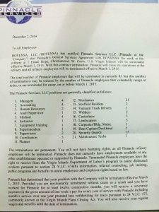 A 90-day notice letter from Pinnacle Services, a HOVENSA subcontractor, to its employees. Click image for wider view.