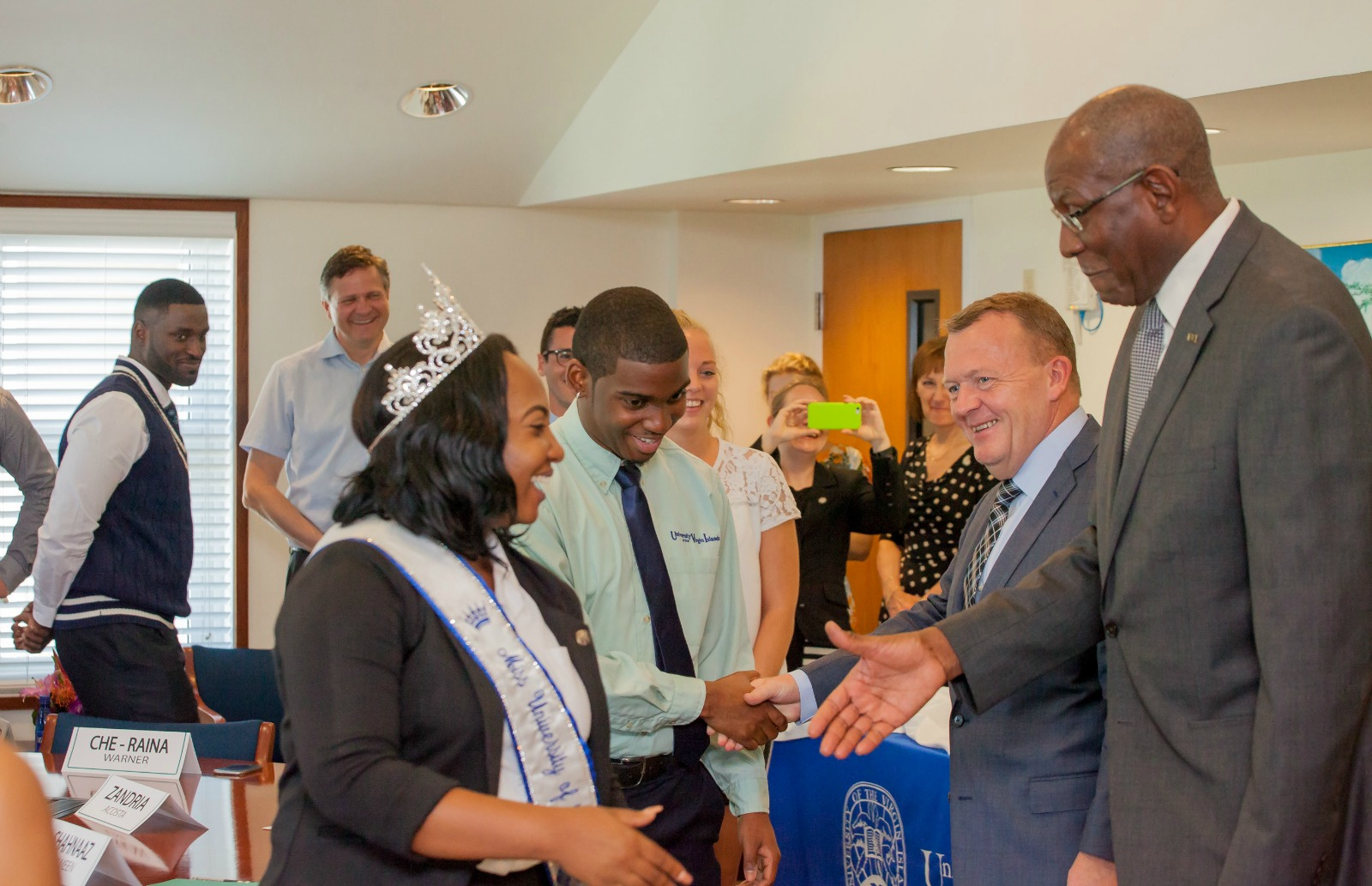 University of the Virgin Islands president Dr. David Hall receives Danish Prime Minister Lars Løkke Rasmussen during his visit to the US Virgin Islands for its Centennial Transfer Commemoration. 1 April 2017. © Aisha-Zakiya Boyd.