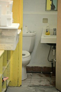 A vandalized restroom inside an affected classroom.