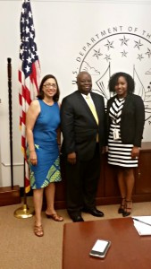 From L2R: Esther P. Kia'aina, Assistant Secretary for Insular Areas for the U.S. Department of the Interior, Governor Kenneth Mapp, and  Dept. of the interior intern from the Virgin Islands Cajay Jacobs.