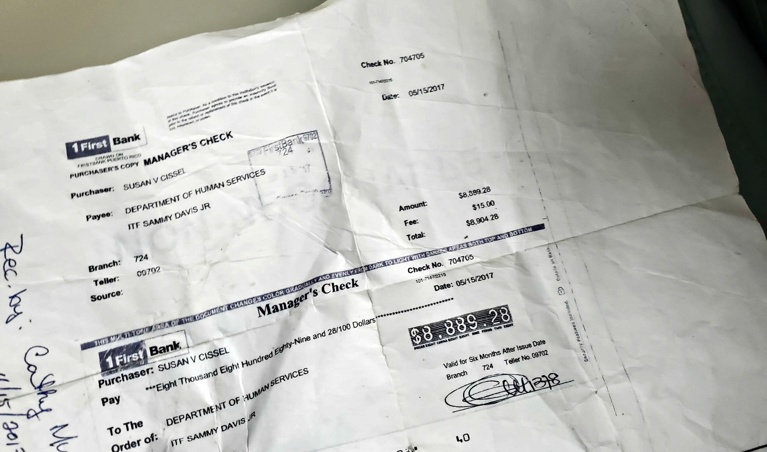 Manager's check written out to D.H.S.