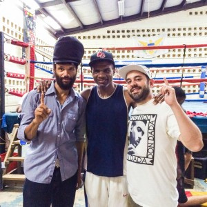 Martei Korley (at left) and Jesse Serwer (at right) with The Hawk, Julian Jackson, at the USVI Amateur Boxing Gym in Charlotte Amalie, St. Thomas.
