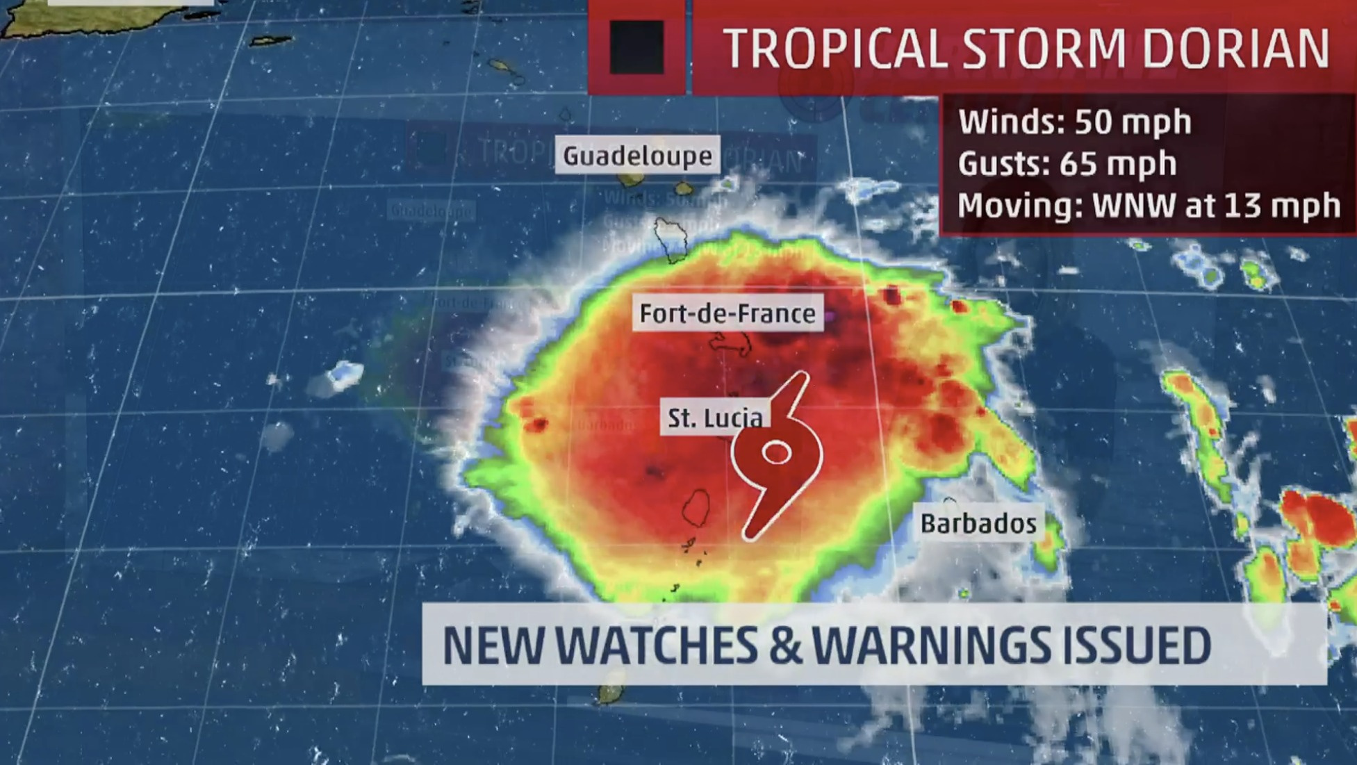 As T.S. Dorian Holds South, St. Croix Braces For Up To 6 Inches Of Rain; Tropical Storm Warning Issued For Puerto Rico